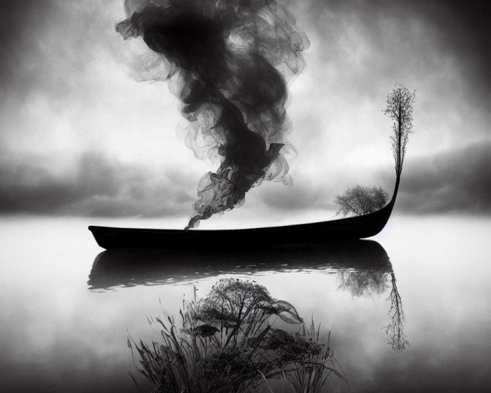 Monochrome artistic image of boat on still lake with wispy form rising