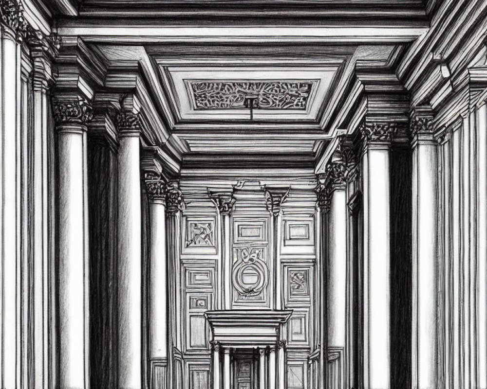 Detailed black and white neoclassical interior sketch with towering columns and intricate ceiling details
