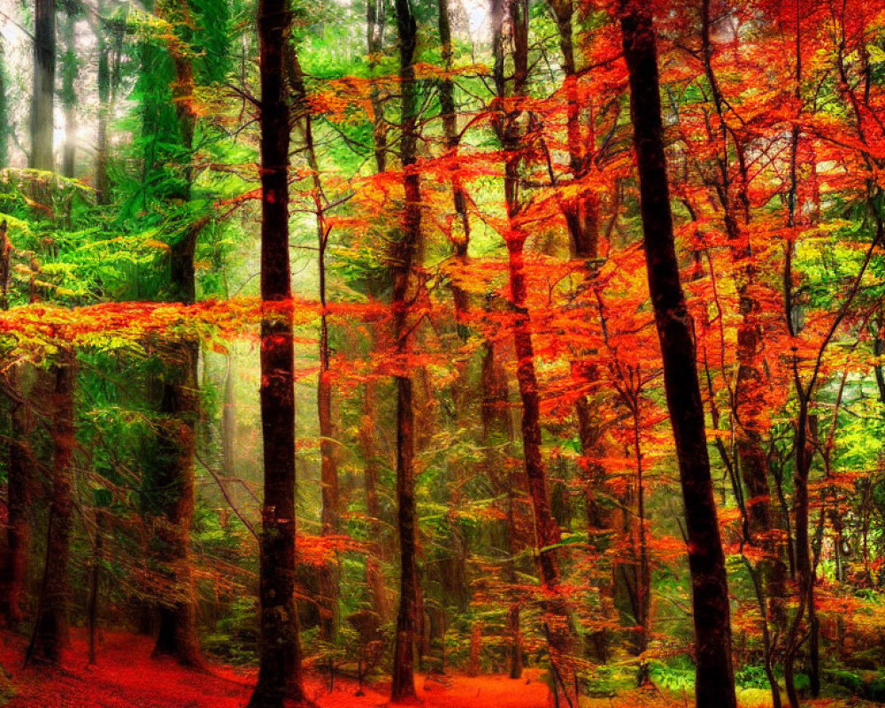 Colorful Forest Path with Red and Green Foliage in Soft Light