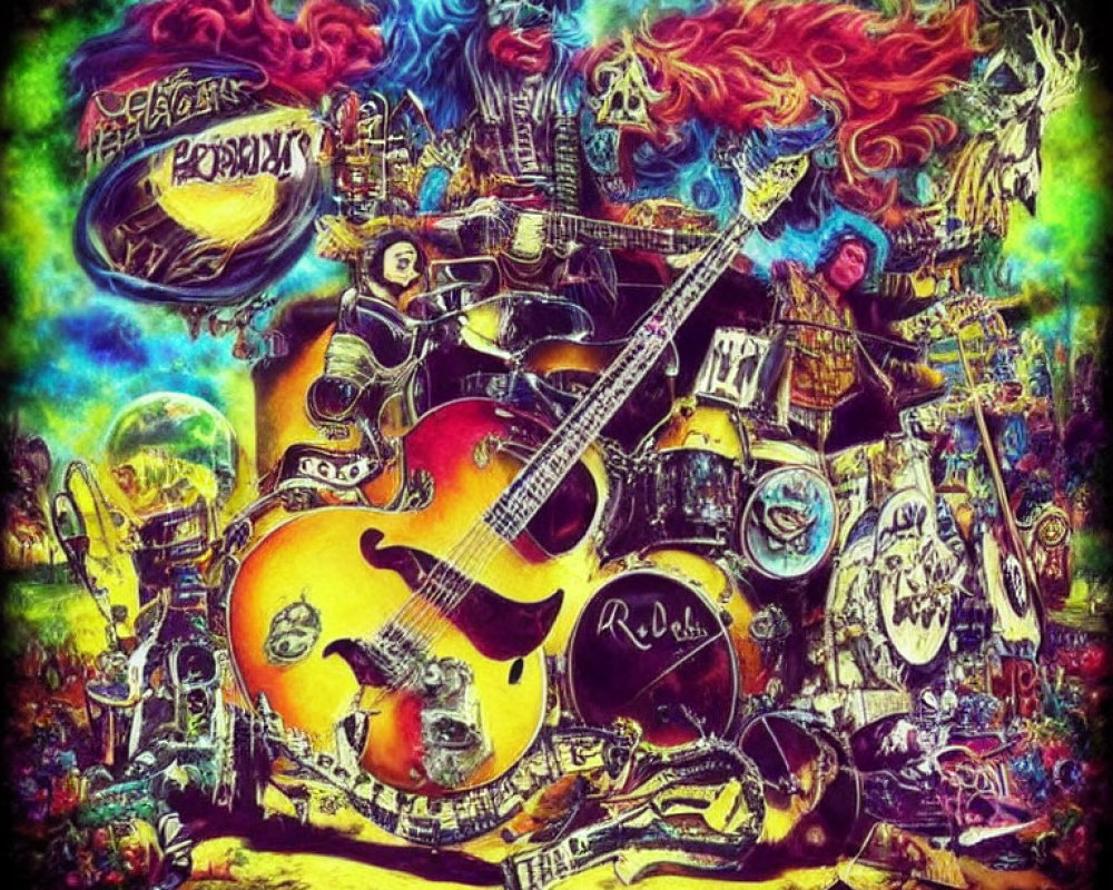 Colorful Psychedelic Rock Music Illustration with Guitar, Drums, and Speakers