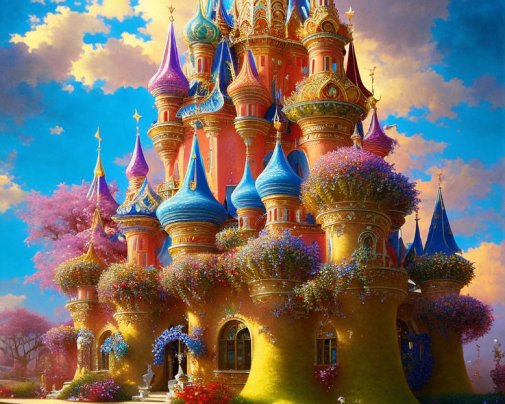 Colorful Fantasy Castle with Vibrant Spires and Blossoming Gardens