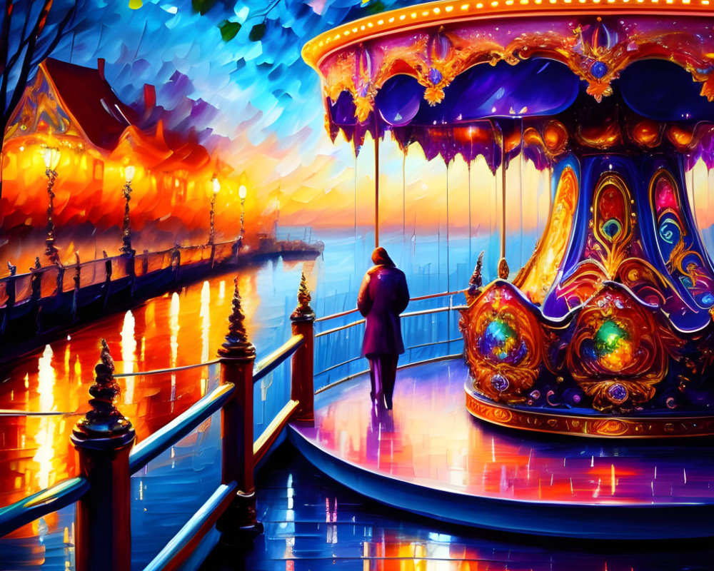 Colorful Carousel Scene: Couple Embracing at Twilight