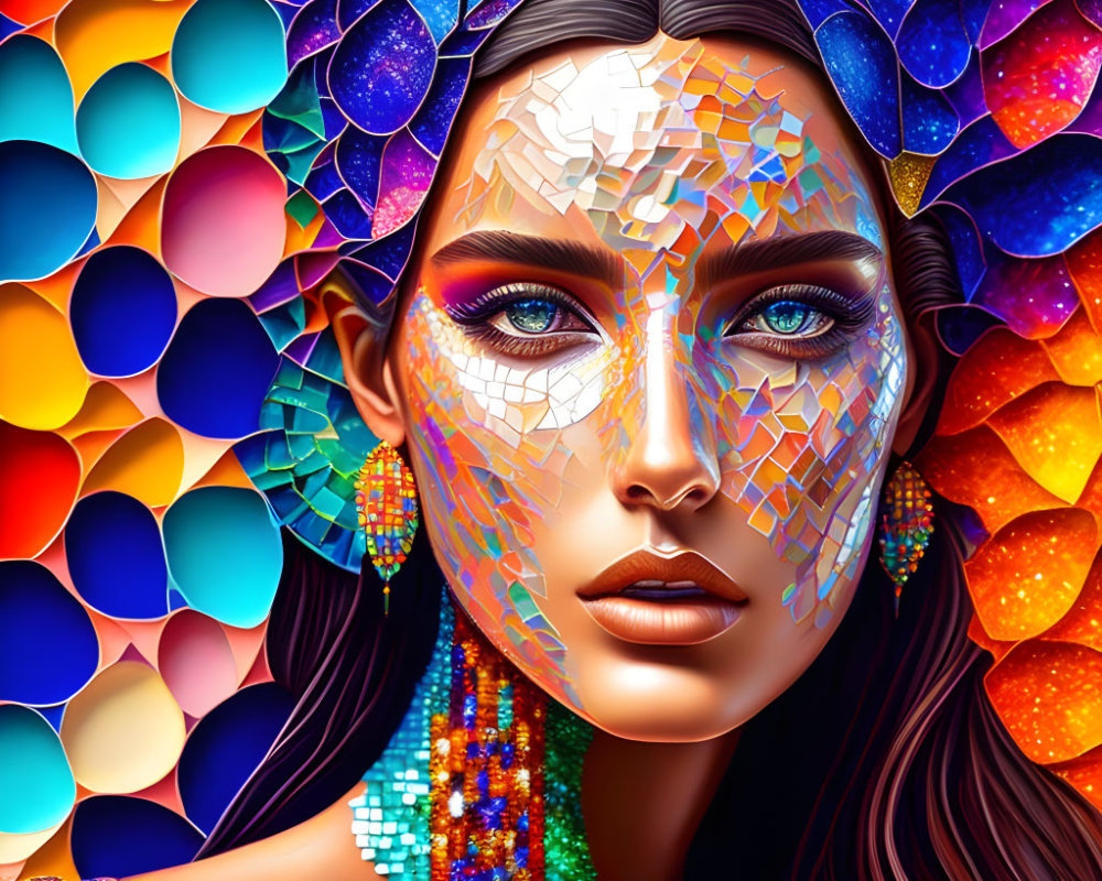 Vibrant digital artwork: Woman with mosaic skin and colorful background
