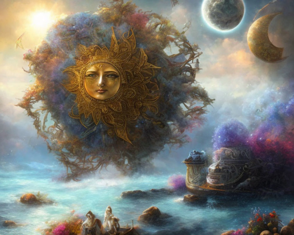 Celestial sun face, moon, and stars in a fantasy sea scene with rowboats and surreal floating