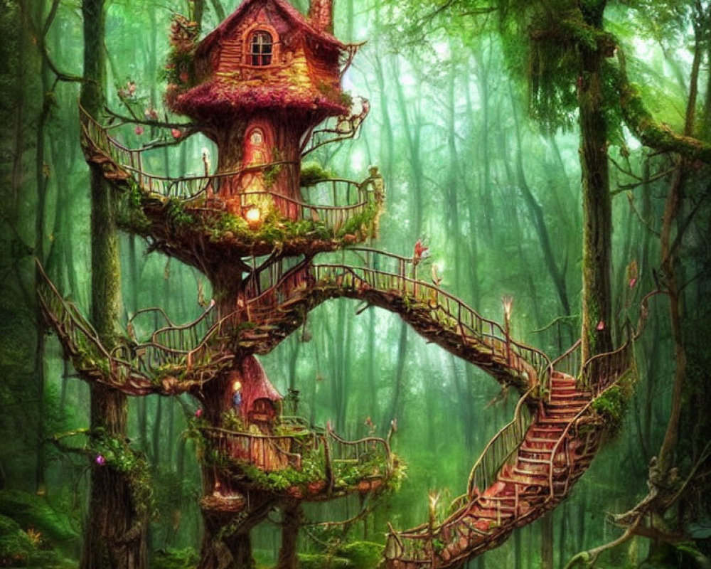 Enchanting treehouse with winding staircase in lush, mystical forest