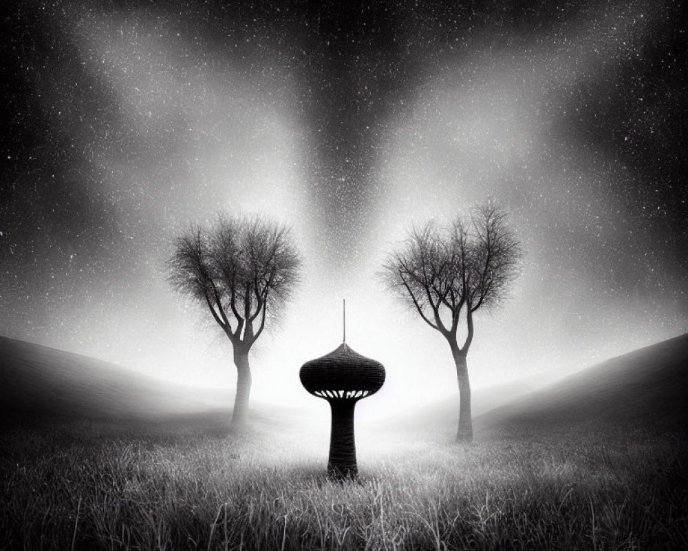 Monochrome fantasy landscape with bare trees, ornate streetlamp, starry sky, and hilly