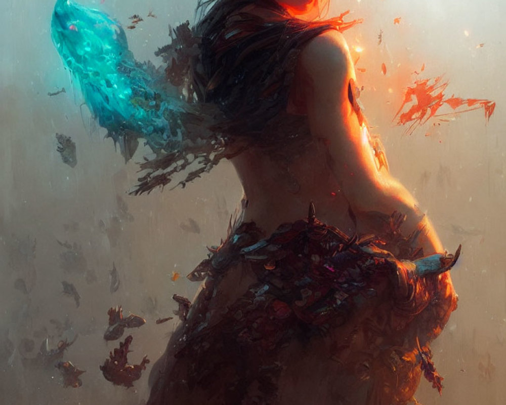 Ethereal woman with autumn leaf wings in swirling dance