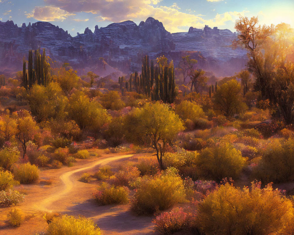 Tranquil desert landscape with winding dirt path, cacti, and rock formations