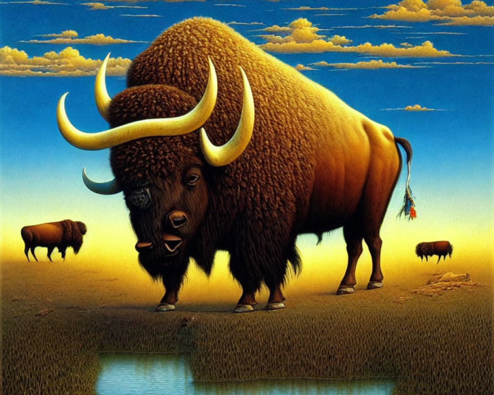 Surreal painting: oversized bison with curved horns by water