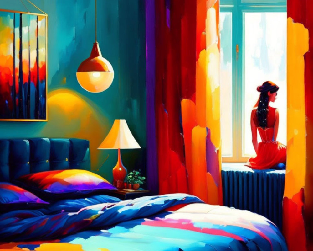Colorful Painting: Woman by Window in Bright, Abstract Room