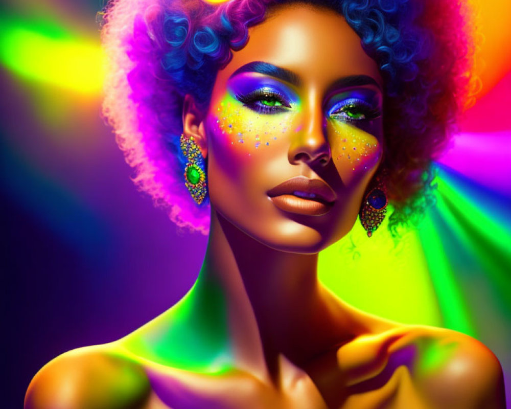 Colorful digital artwork of woman with vibrant makeup and blue afro hair.