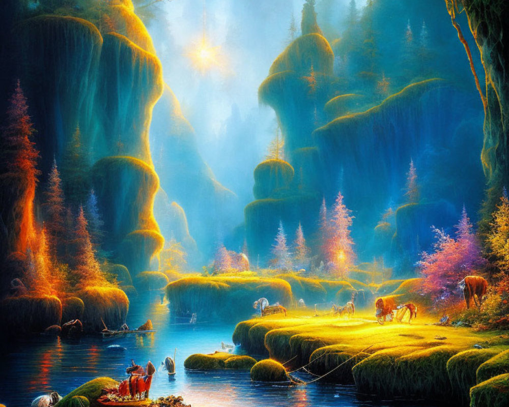 Fantasy landscape with lush greenery, sparkling river, majestic trees, deer, and radiant sunlight.