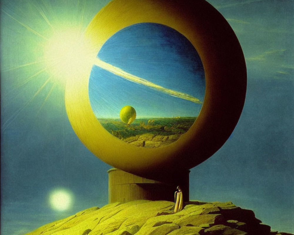 Surreal painting with spheres, sunburst, and lone figure sitting on rocky outcrop