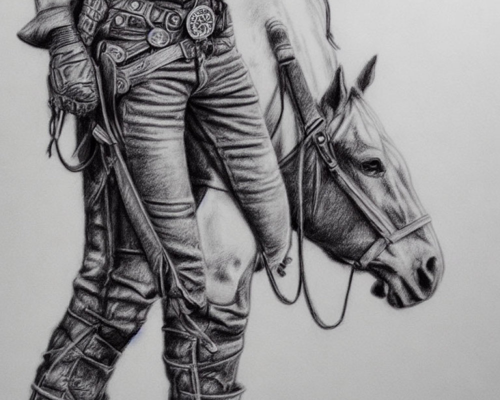 Detailed pencil drawing of cowboy on horse with chaps and belt buckle