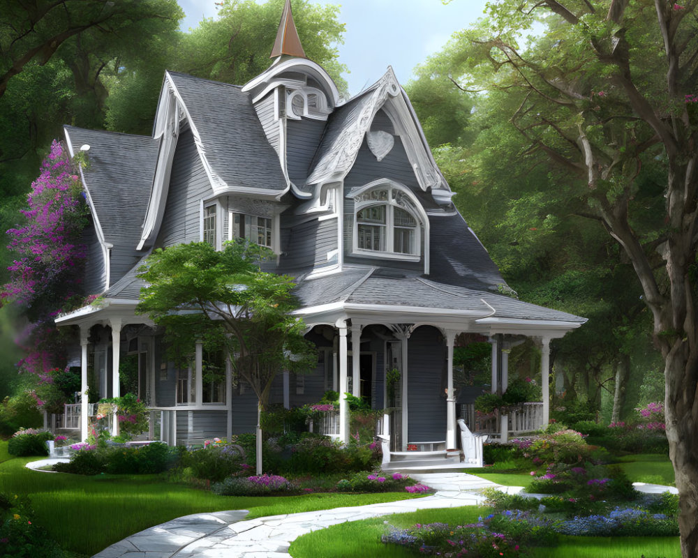 Victorian-style house with turret, lush gardens, wraparound porch