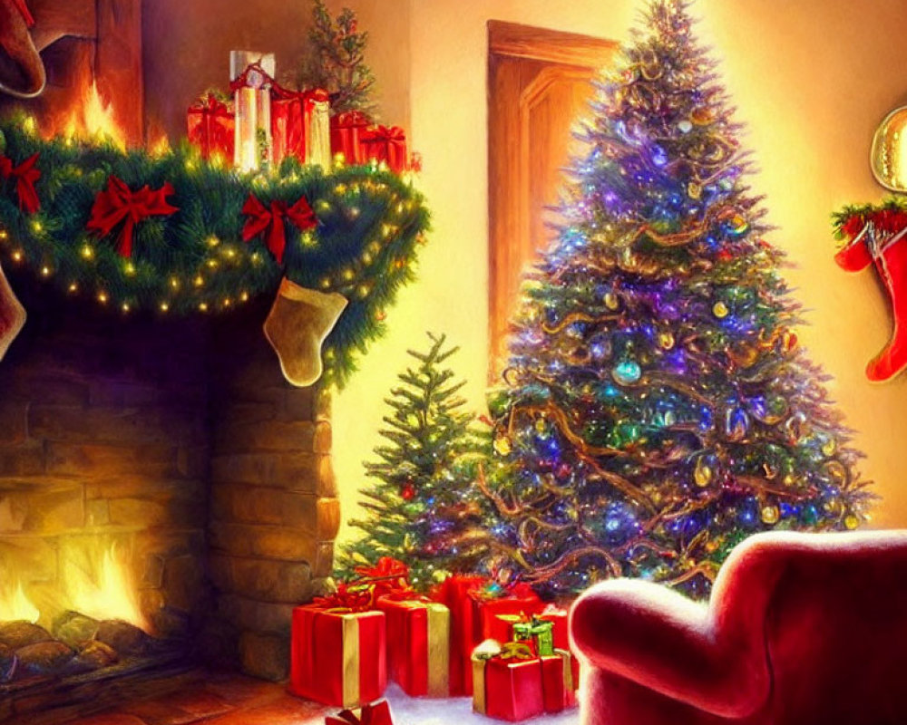 Festive Christmas room with fireplace, tree, gifts, and armchair