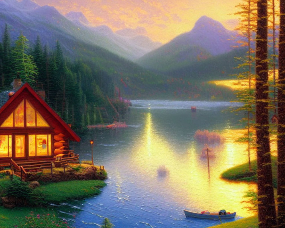 Scenic sunset view of cabin by serene lake with boat and mountains
