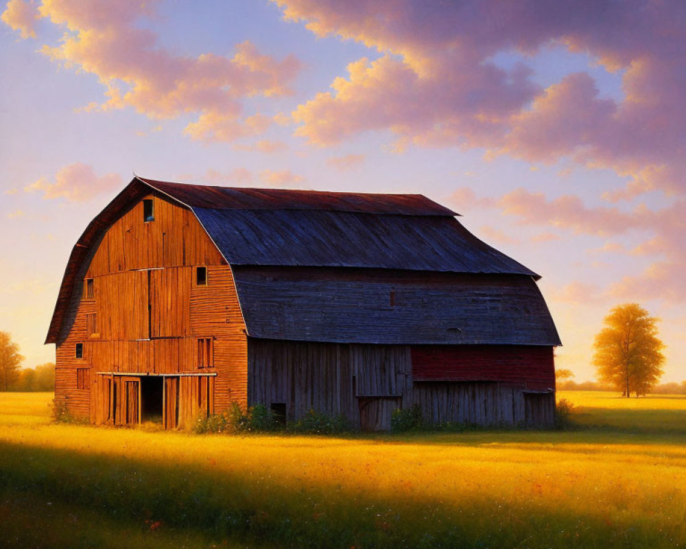 Rustic barn in serene sunset landscape with golden light