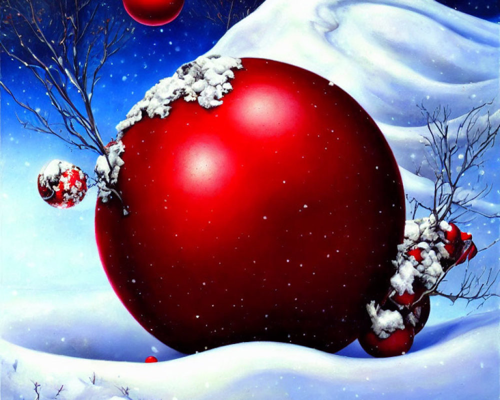 Surreal winter scene with oversized red Christmas ornaments in snow