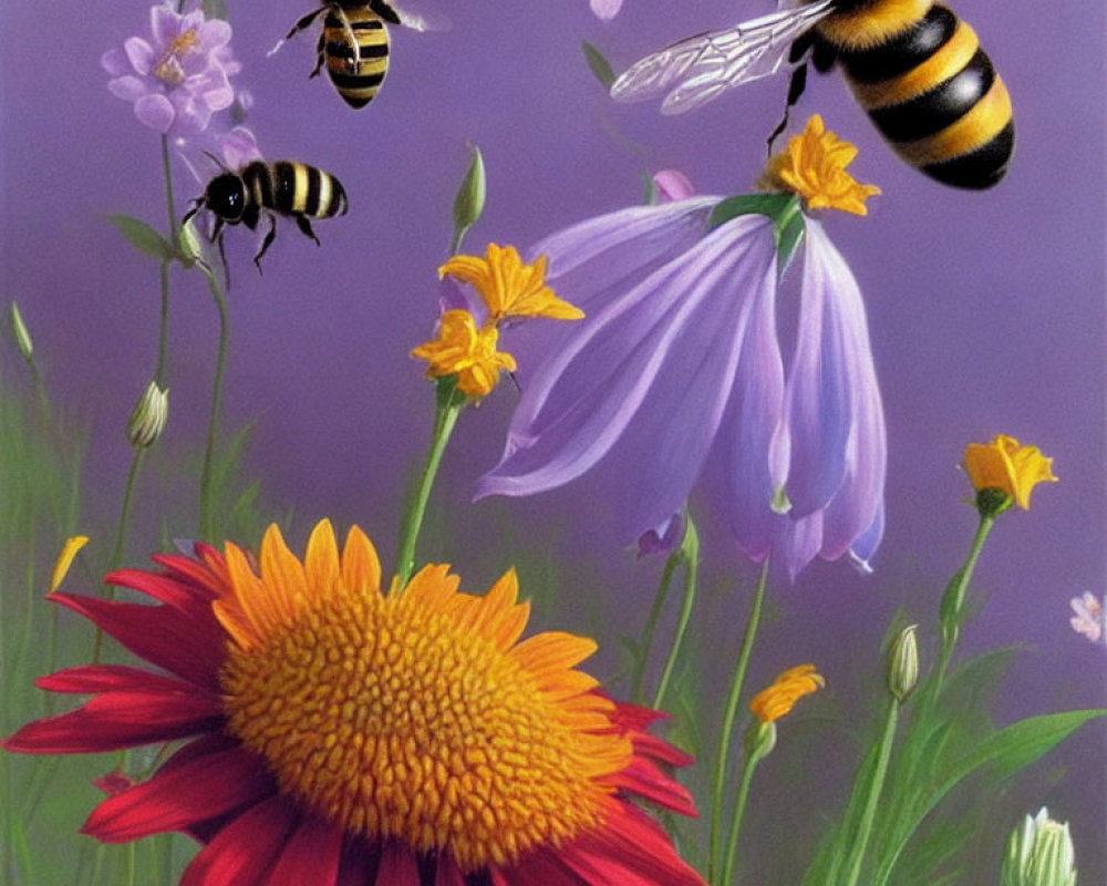 Colorful Flowers Background with Two Bees Flying