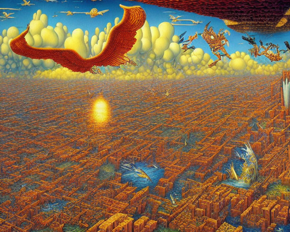 Colorful surreal landscape with orange terrain, phoenix, and human figures