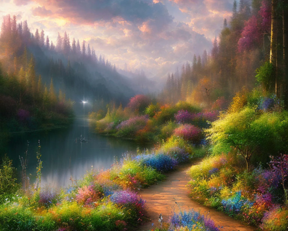 Tranquil landscape with vibrant flowers, serene lake, misty hills, colorful sky