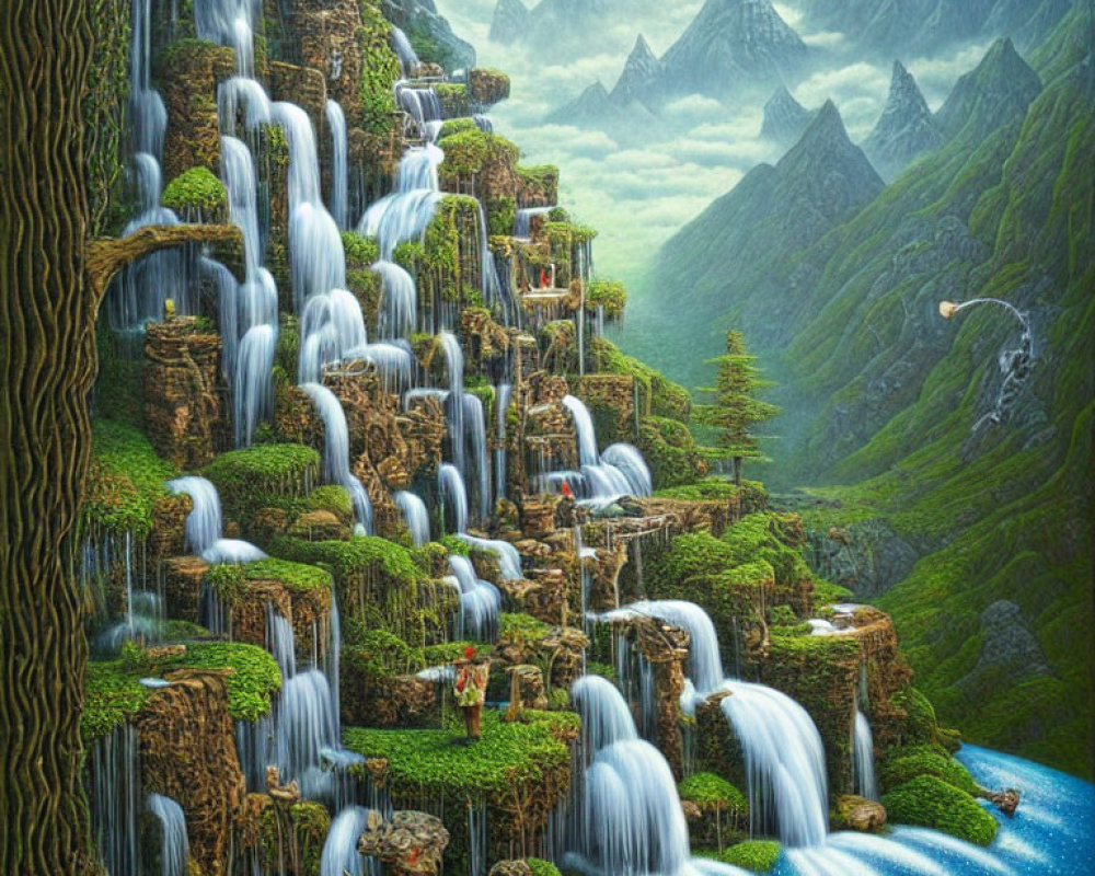 Fantasy landscape with waterfalls, river, trees, mountains, and creatures