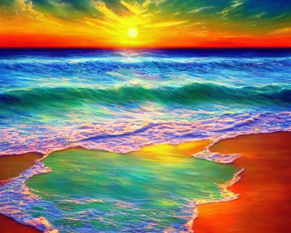 Vibrant Beach Sunset with Blue Waves and Colorful Sky