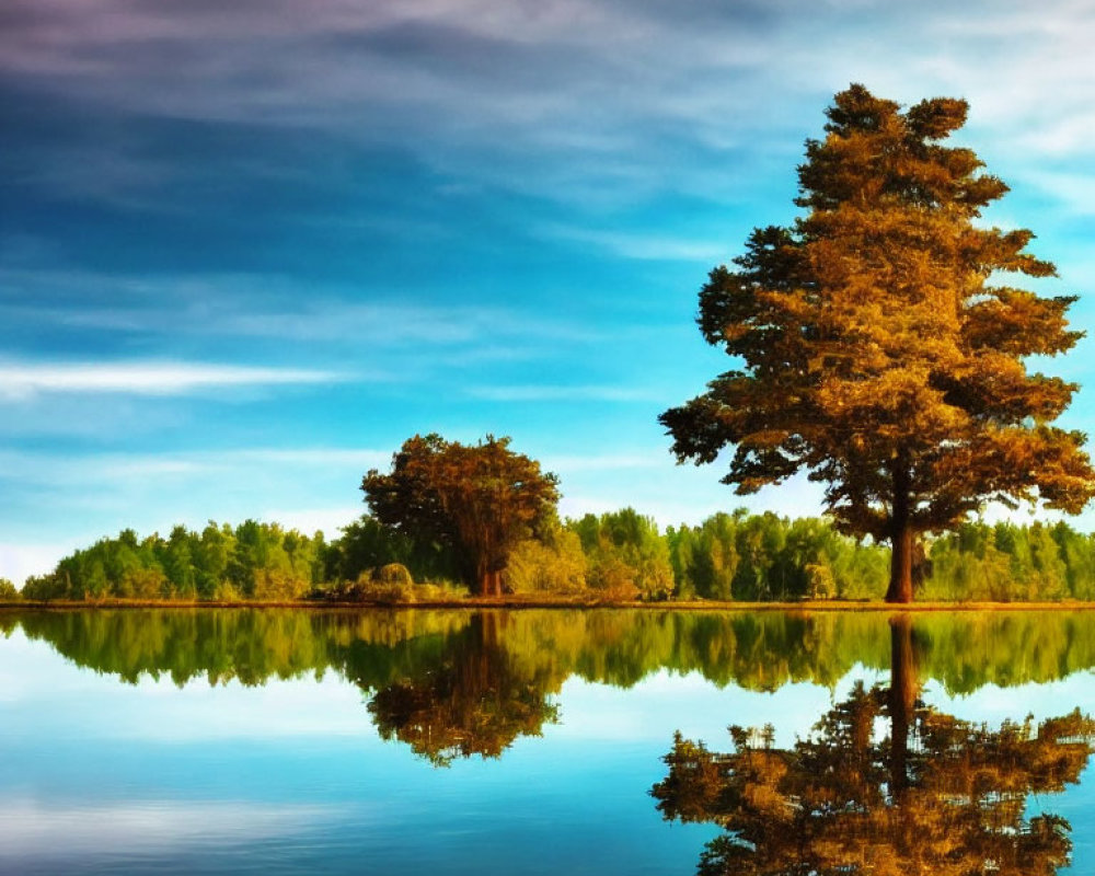 Tranquil lake with lone tree under blue sky and clouds