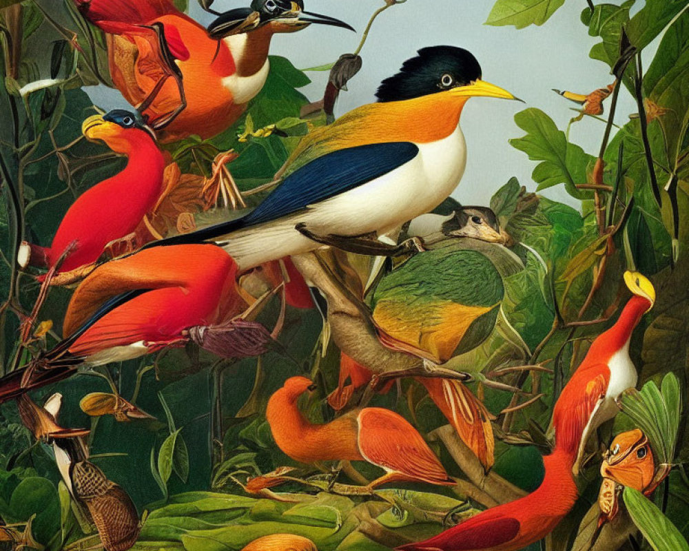Colorful Birds Perched Among Green Foliage: Vibrant Illustration Showcase