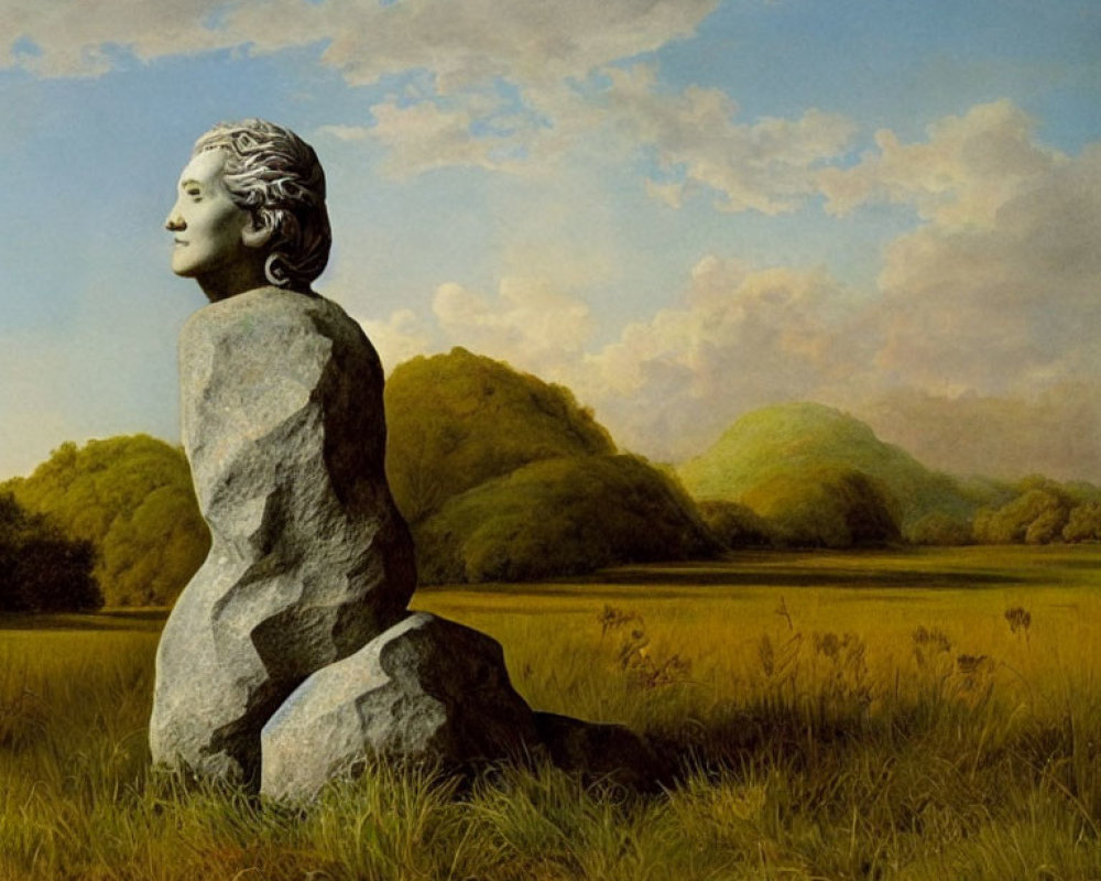 Surreal painting of stone woman sculpture in rocky landscape