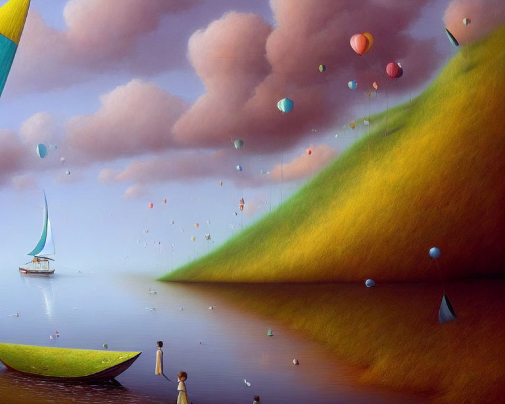 Colorful Balloons and Paper Sailboat in Surreal Landscape