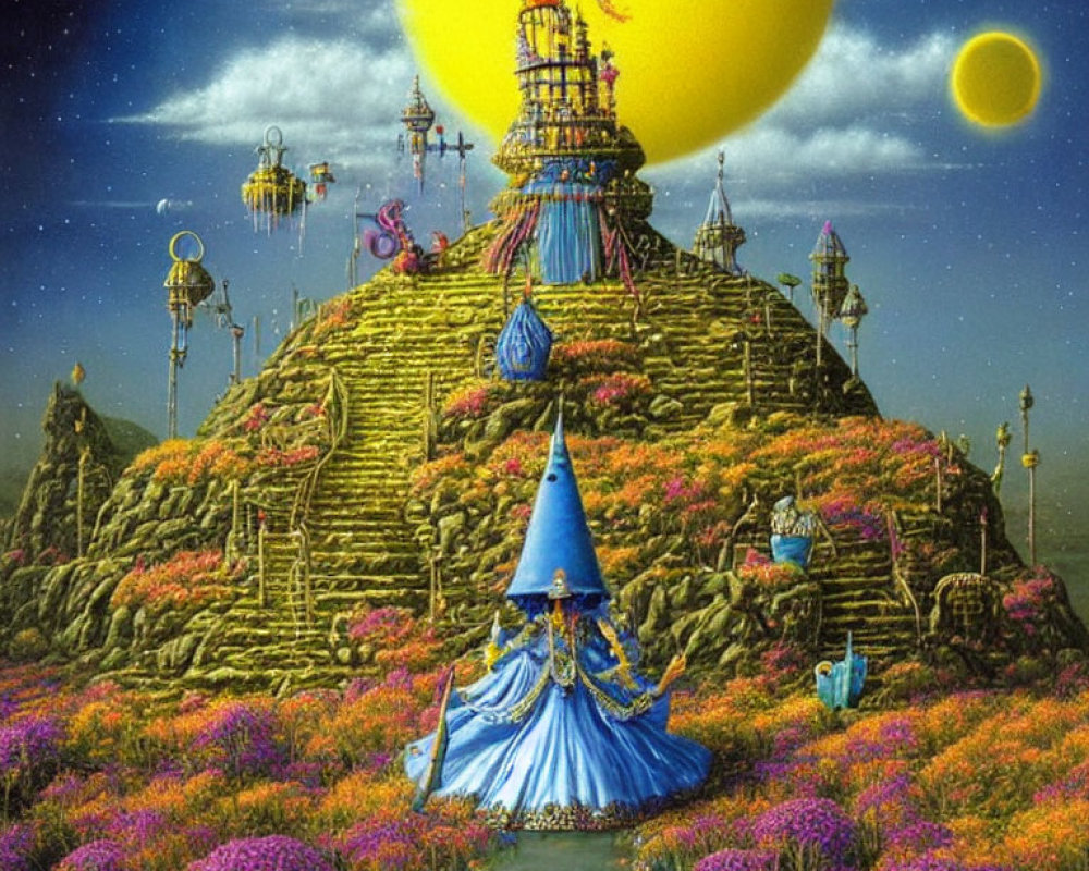Surreal landscape with yellow moon, flowered hill, and figure in blue cloak