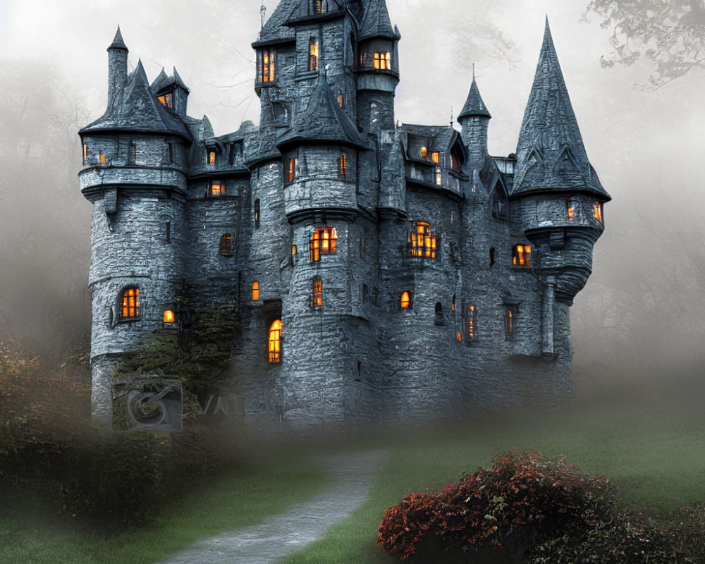 Mystical castle with spires, lit windows, mist, greenery, cobblestone path