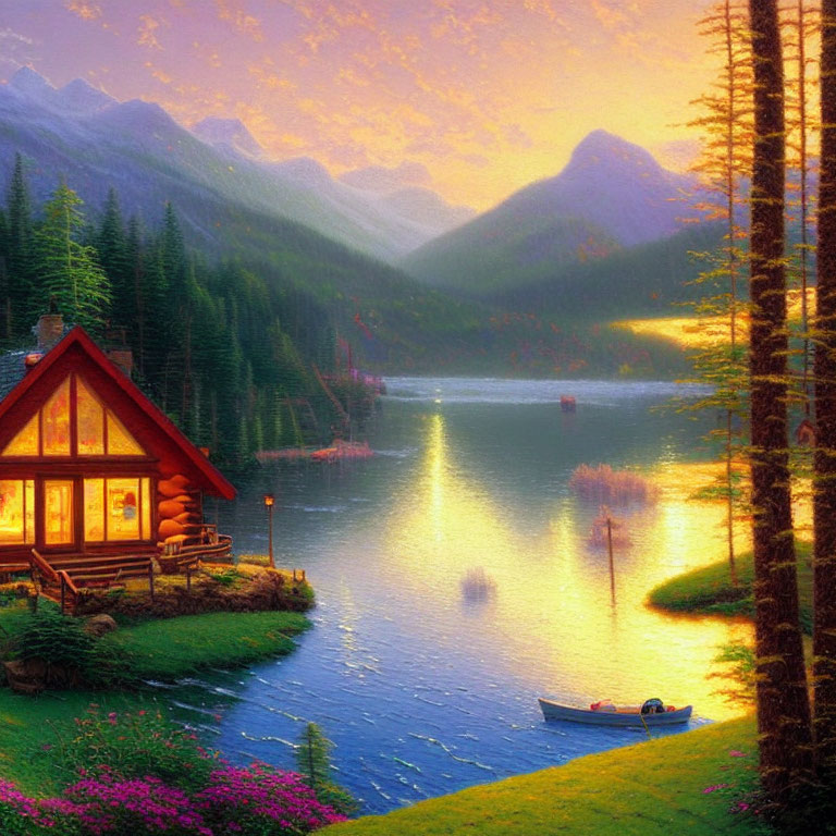 Scenic sunset view of cabin by serene lake with boat and mountains