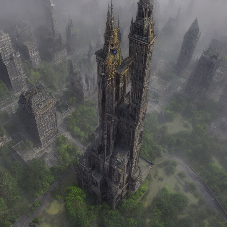 Gothic Cathedral in Foggy Forest Among Ancient Ruins