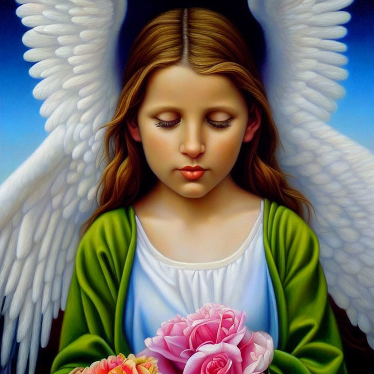 Serene angel with closed eyes holding pink roses on blue background