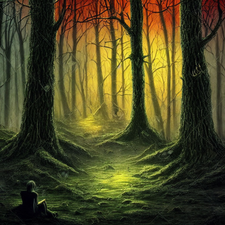 Person sitting in lush green forest with radiant orange glow - mystical atmosphere