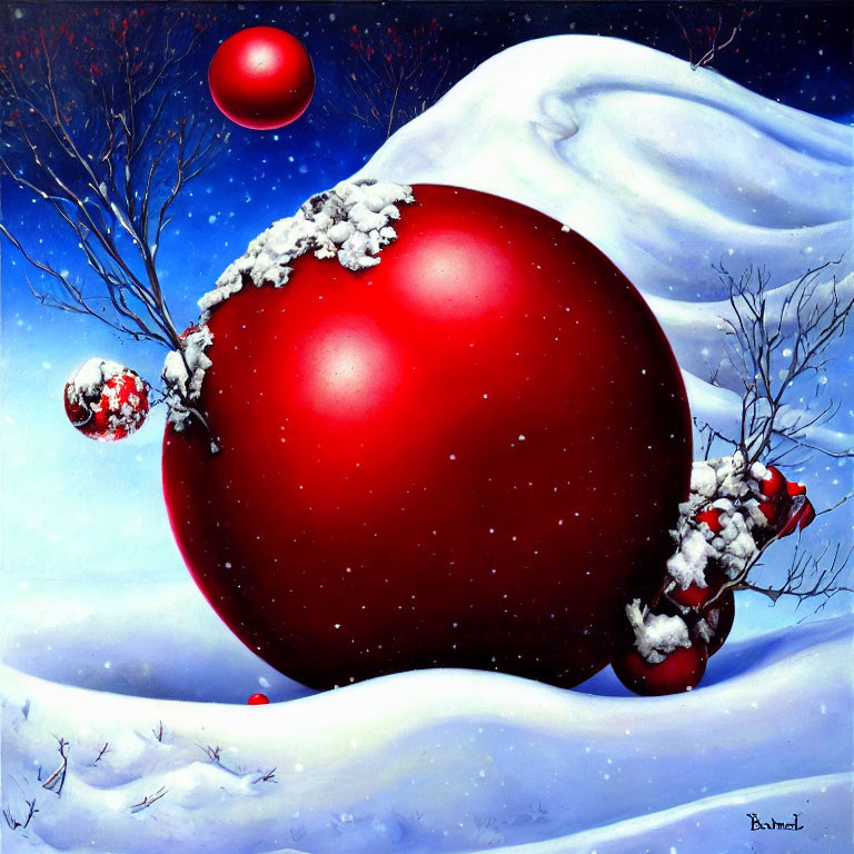 Surreal winter scene with oversized red Christmas ornaments in snow