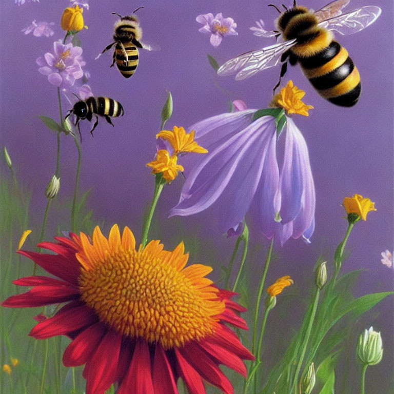 Colorful Flowers Background with Two Bees Flying