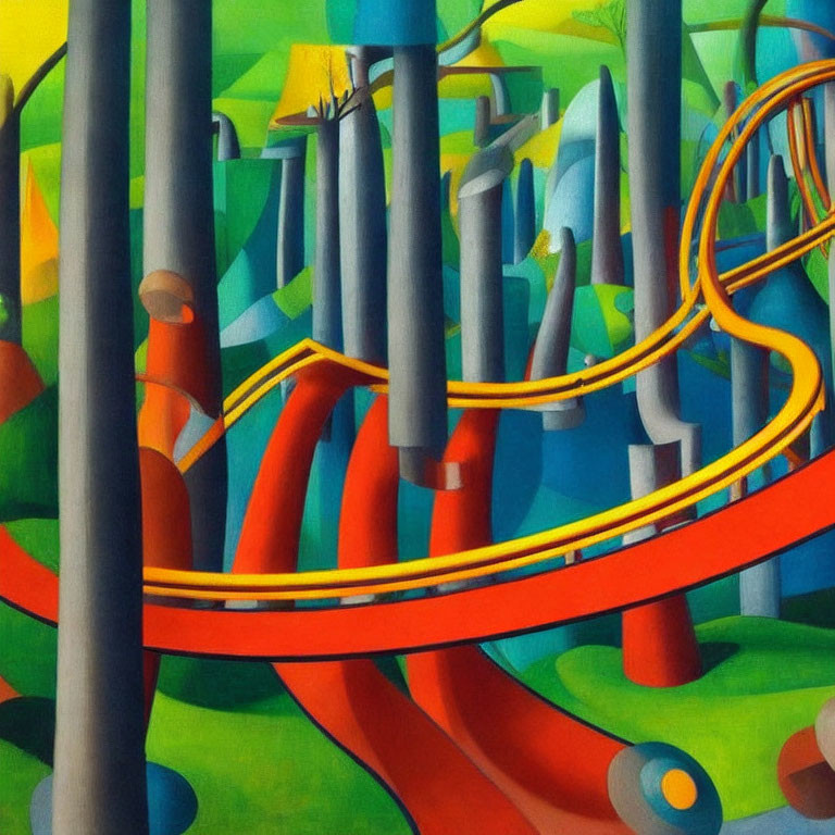 Vibrant abstract painting: intertwining tubular structures in green, gray, and orange.