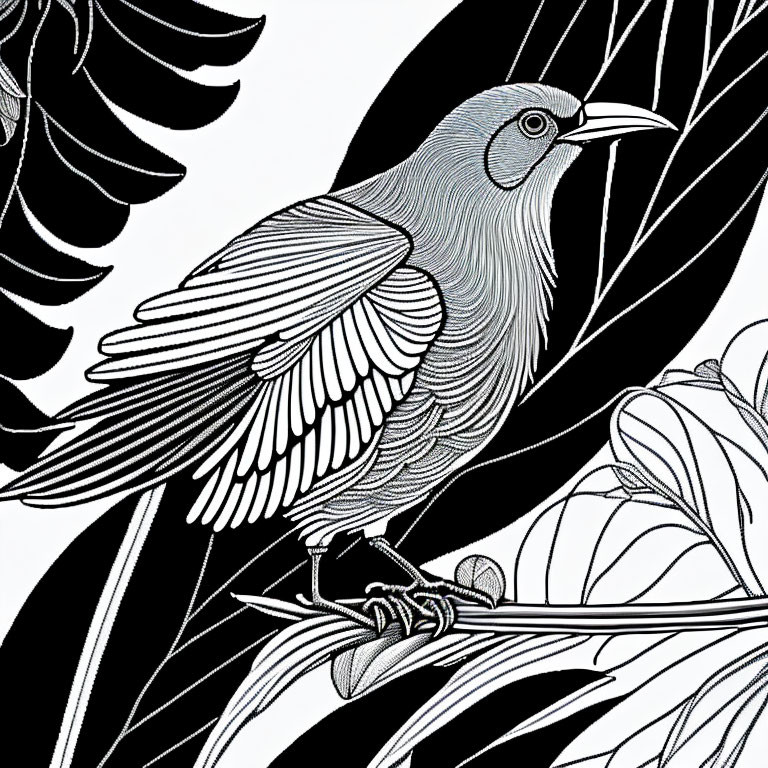 Monochromatic bird illustration on branch with intricate foliage patterns