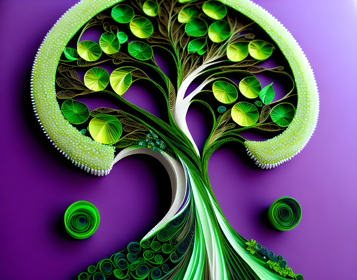 Abstract digital artwork: stylized tree with swirling green and white patterns on purple background.