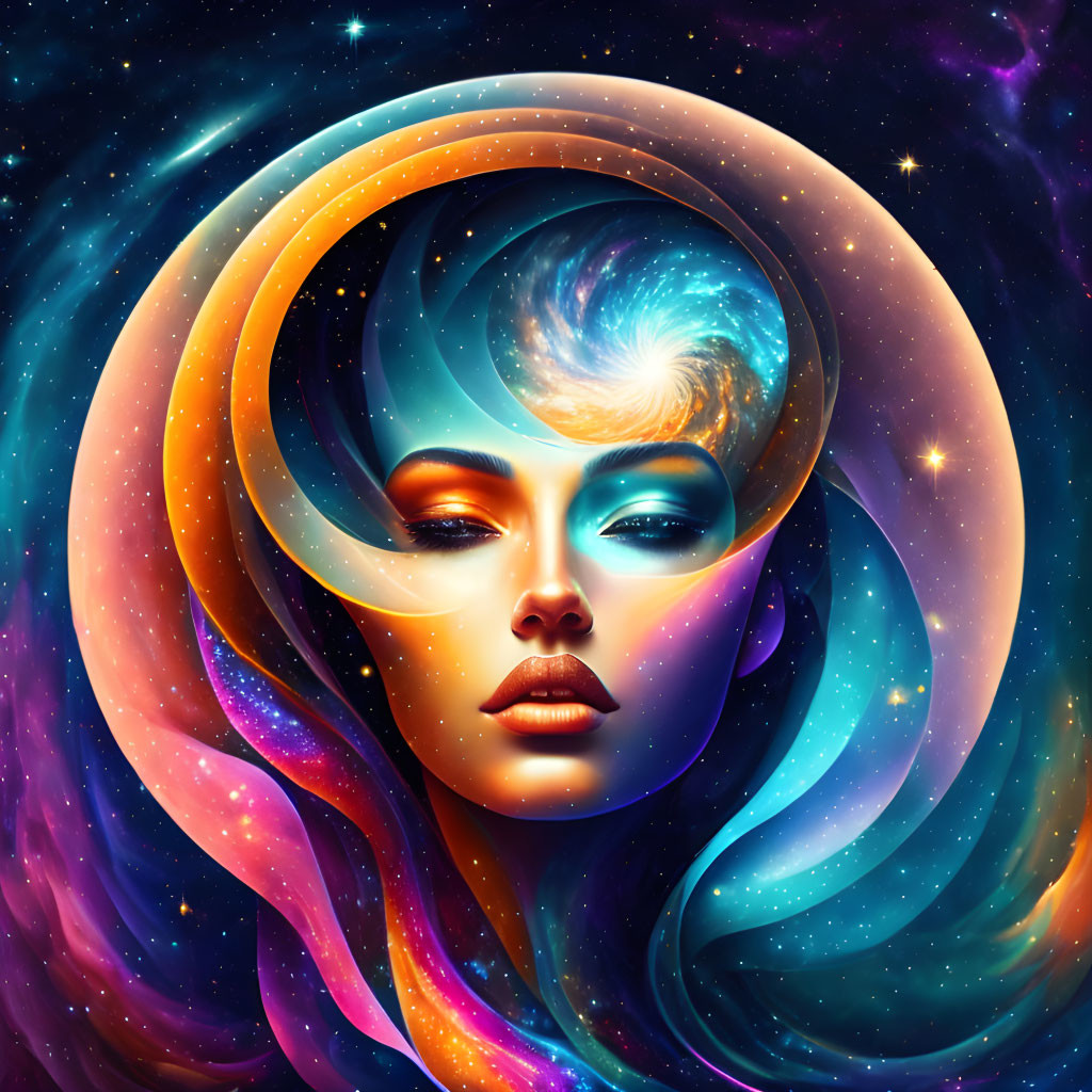 Cosmic-themed artwork featuring woman's face with starry swirls