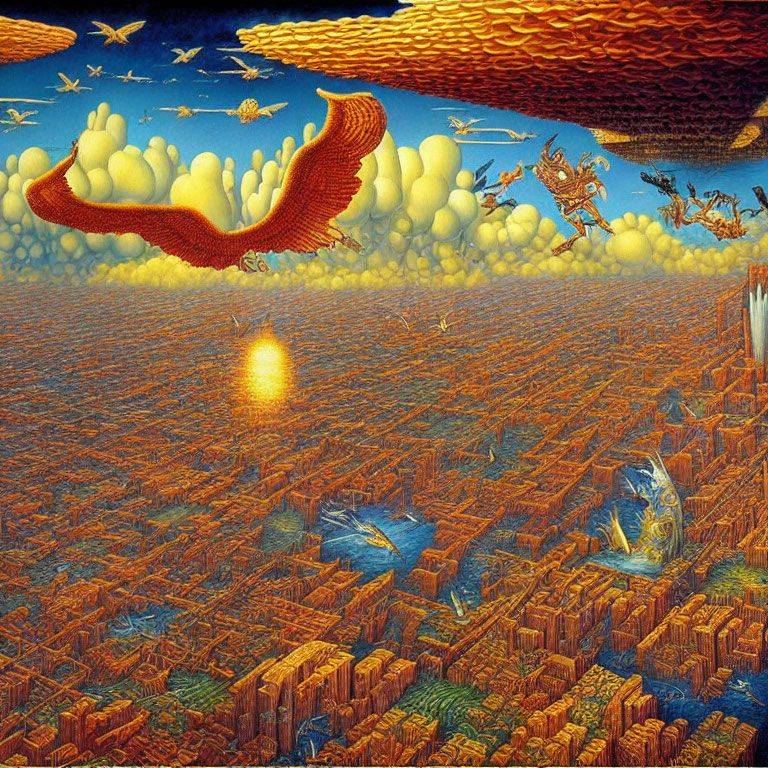 Colorful surreal landscape with orange terrain, phoenix, and human figures
