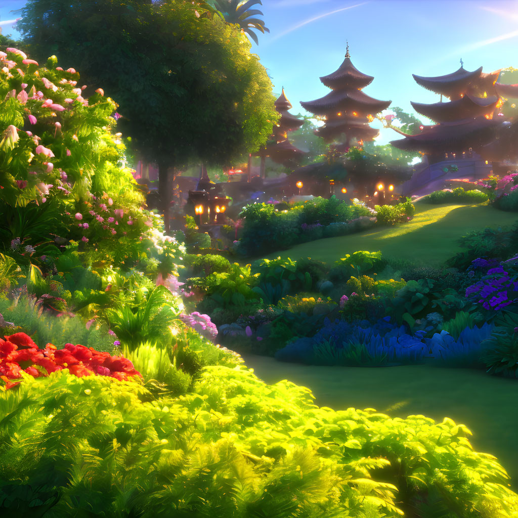 Vibrant Flowers and Pagodas in Tranquil Sunrise