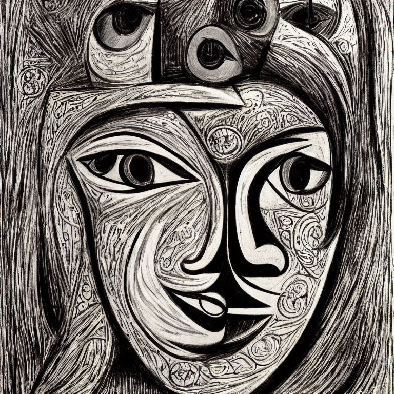Monochromatic abstract drawing of distorted human face with swirling lines.