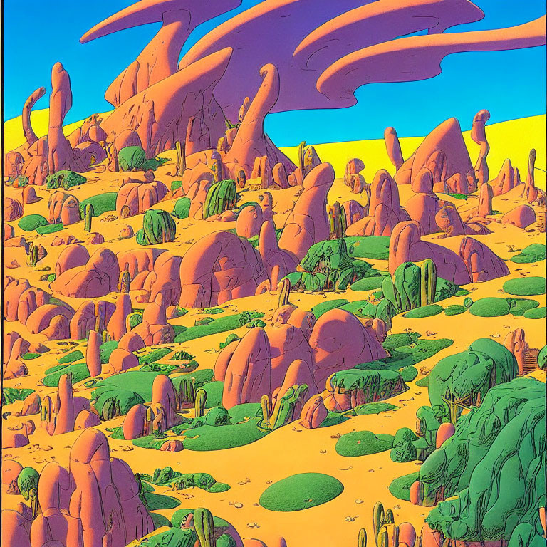 Surreal desert landscape with alien rock formations under yellow and purple sky