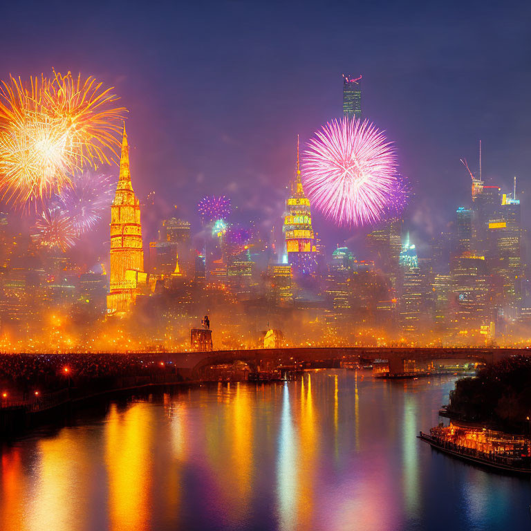 Colorful fireworks illuminate city skyline at night with buildings reflected in river