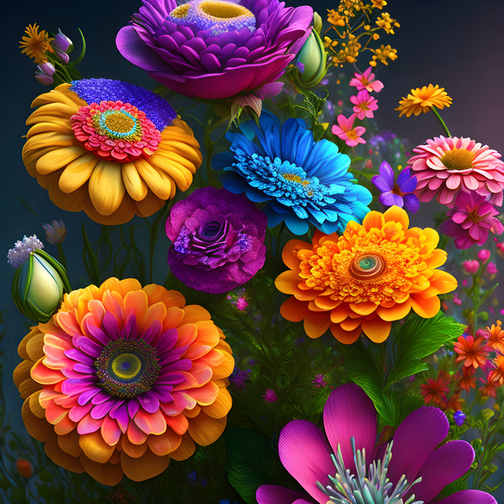 Colorful Detailed Flowers Collection Against Dark Background